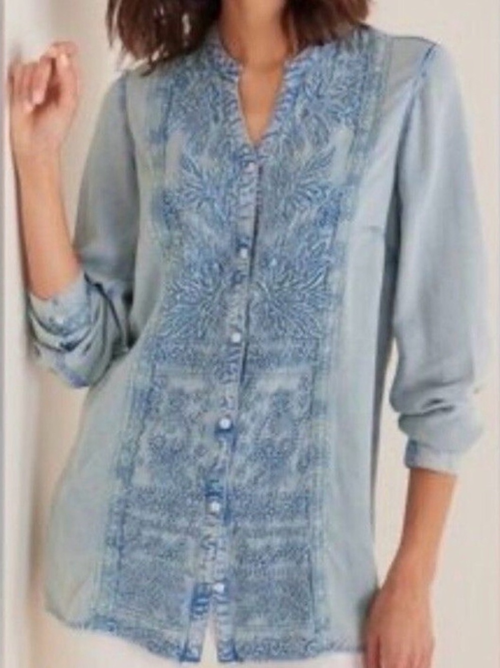Soft Surroundings Light Blue Embroidered Chambray Denim Shirt - Picture 2 of 12